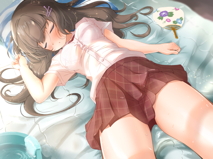 1girl blush breasts closed_eyes female_focus hair_ornament hairclip highres long_hair lying medium_breasts on_back original red_skirt school_uniform serafuku shirt skirt sleeping solo tachiinu wet white_shirt