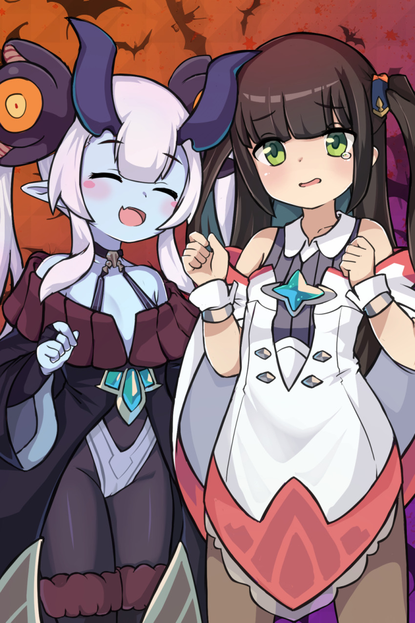 2girls arum_(world_flipper) blue_skin blush blush_stickers brown_pantyhose closed_eyes colored_skin detached_sleeves dress fang green_eyes grey_hair highres horns kiri_(world_flipper) long_hair multiple_girls mwm5 open_mouth pantyhose pointy_ears skin_fang twintails white_dress world_flipper wrist_cuffs
