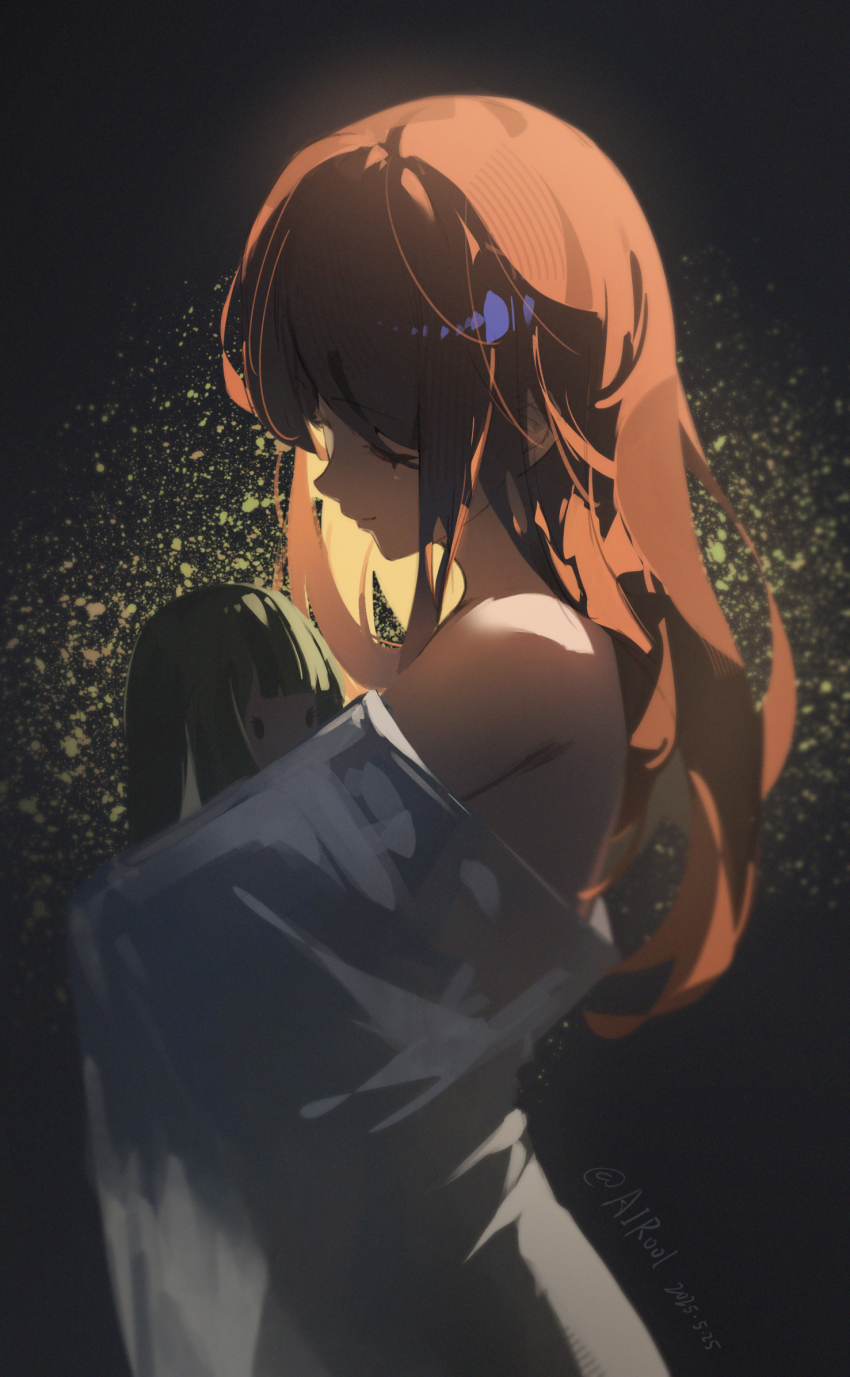 1girl abstract_background airool backlighting bang_dream! bang_dream!_it&#039;s_mygo!!!!! bare_shoulders blurry brown_hair carrying character_doll child_carry chinese_commentary closed_eyes closed_mouth commentary_request dark_background dated depth_of_field doll from_side green_hair hair_over_one_eye highres long_hair nagasaki_soyo object_request profile see-through_silhouette two-tone_background upper_body wakaba_mutsumi wakaba_mutsumi_(doll) weibo_username yellow_background