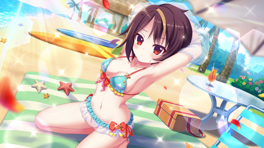 1girl armpits arms_behind_head bandou_mikuru beach bikini blanket blonde_hair blue_bikini blue_flower blue_sky blurry blurry_foreground blush bow bow_bikini breasts breasts_apart brown_hair bush closed_mouth cloud cup day deck_chair dot_nose drinking_glass drinking_straw dutch_angle film_grain flower frilled_bikini frills game_cg izumi_tsubasu lens_flare looking_at_viewer multicolored_hair navel non-circular_lens_flare non-web_source ocean official_art on_ground outdoors palm_tree print_bikini re:stage! red_bow red_eyes red_flower round_table short_hair side-tie_bikini_bottom sideboob sky small_breasts solo sparkle star_(symbol) star_print starfish streaked_hair string_bikini sunlight swimsuit table tree two-tone_hair undressing yellow_flower