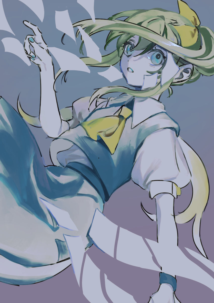 1girl ama_asagi ascot blouse blue_skirt blue_vest bow commentary daiyousei fairy_wings green_eyes green_hair green_nails hair_between_eyes hair_bow hand_up highres looking_up medium_hair nail_polish one-hour_drawing_challenge open_mouth pale_skin ponytail puffy_short_sleeves puffy_sleeves shirt short_sleeves sidelocks skirt skirt_set solo touhou upper_body vest white_shirt wings wristband yellow_ascot yellow_bow