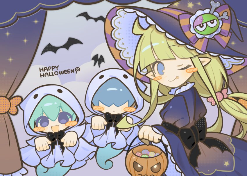 1boy 2girls ;p arm_strap back_bow bat_(animal) black_bow blonde_hair blue_dress blue_eyes blue_hair blush blush_stickers bow brother_and_sister bucket candy candy_hair_ornament character_brooch cloak closed_mouth cloud curtains dress food food-themed_hair_ornament frilled_sleeves frills ghost ghost_costume ghost_pose ghost_tail hair_ornament hair_over_eyes halloween_bucket happy_halloween hat highres holding holding_bucket hood hood_up hooded_cloak jack-o&#039;-lantern jsjefff long_hair long_sleeves looking_at_viewer low_ponytail madou_monogatari multiple_girls official_alternate_costume one_eye_closed open_mouth pointy_ears ponytail puffy_sleeves puyopuyo puyopuyo_fever puyopuyo_quest rei_(puyopuyo) short_hair siblings smile sparkle striped_bow tongue tongue_out witch witch_(puyopuyo) witch_hat yu_(puyopuyo)