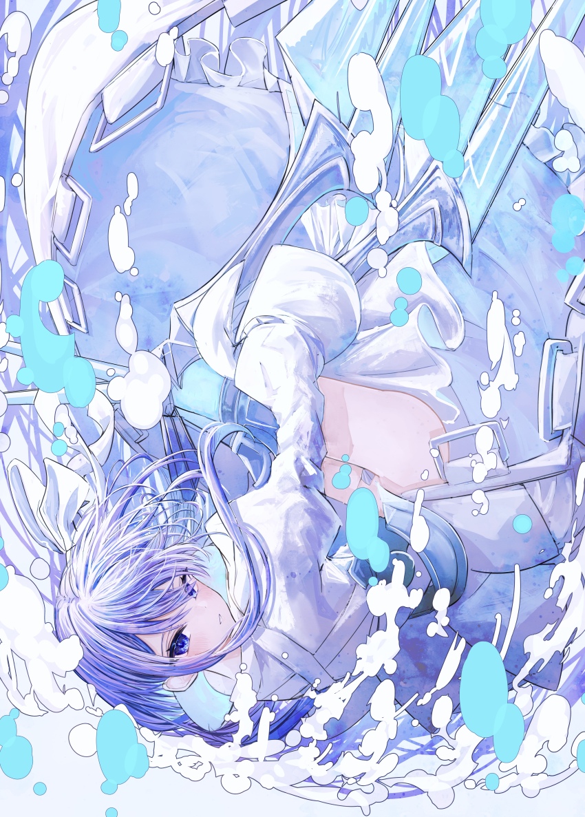 1girl absurdres armored_boots blue_eyes blue_ribbon blush boots breasts crotch_plate fate/extra fate/extra_ccc fate/grand_order fate_(series) highres jacket long_hair long_sleeves looking_at_viewer looking_back meltryllis_(fate) prosthesis purple_hair ribbon sleeves_past_fingers sleeves_past_wrists small_breasts solo thighs underwater very_long_hair yagi_(yagi5art)