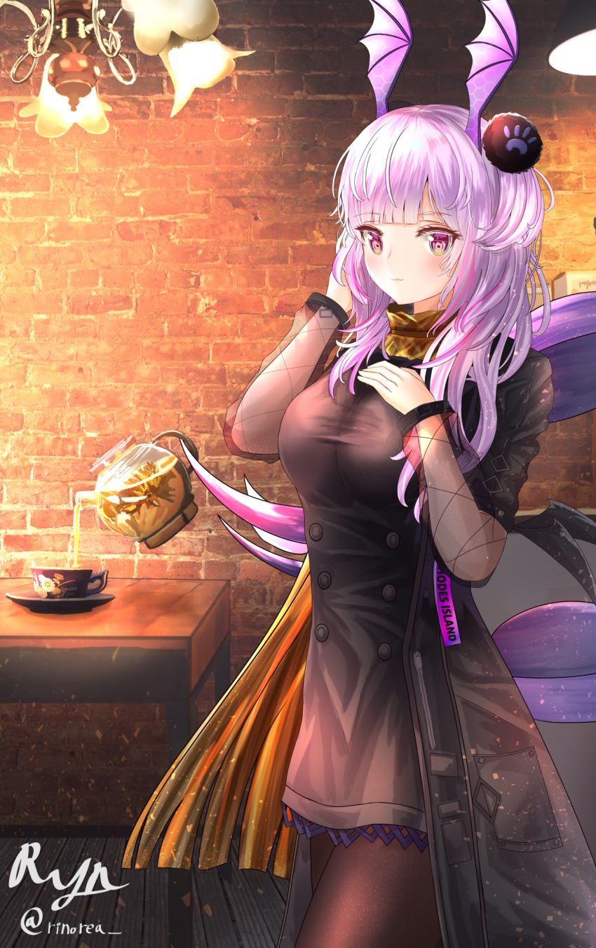arknights bad_id bad_pixiv_id bat_wings black_coat black_legwear breasts coat cup hair_ornament head_wings highres large_breasts manticore manticore_(arknights) manticore_(invisible_dirge)_(arknights) official_alternate_costume purple_eyes purple_hair ryn_(rinorea) scorpion_tail skirt solo tail teacup teapot wings