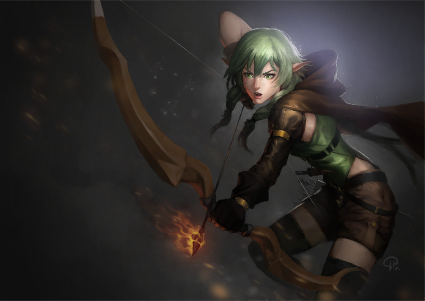 1girl black_boots black_gloves boots bow_(weapon) brown_cape brown_shorts cape elf flaming_arrow gloves goblin_slayer! green_eyes green_hair grey_background hifarry high_elf_archer_(goblin_slayer!) holding holding_bow_(weapon) holding_weapon hood hood_down hooded_cape nose petite pointy_ears serious shorts solo thigh_boots thighhighs weapon