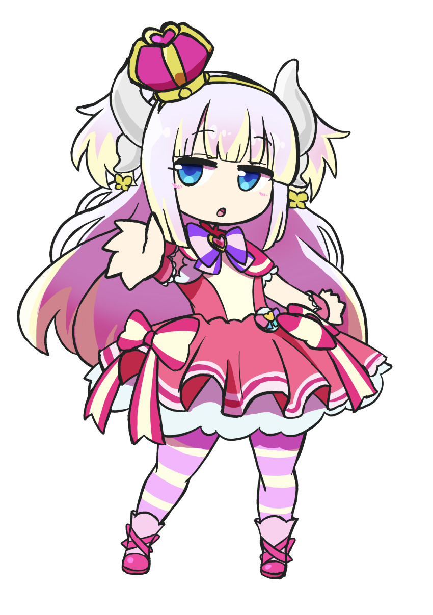 1girl absurdres arched_crown blonde_hair blue_eyes blunt_bangs blush boots bow brooch butterfly_earrings capelet child commentary cosplay crossover crown cure_wonderful cure_wonderful_(cosplay) dragon_girl dragon_horns dress dress_bow earrings frilled_wrist_cuffs frills full_body gradient_hair hairband heart heart_brooch highres horns jewelry jitome kanna_kamui kobayashi-san_chi_no_maidragon legs_apart long_hair looking_at_viewer magical_girl mini_crown multicolored_hair multicolored_pantyhose naganawa_maria outstretched_arm pantyhose parted_lips petticoat pink_boots pink_bow pink_capelet pink_crown pink_dress pink_hair pink_pantyhose pink_wrist_cuffs pouch precure puffy_short_sleeves puffy_sleeves purple_bow reaching reaching_towards_viewer short_sleeves simple_background solo standing streaked_hair striped_bow striped_clothes striped_pantyhose thick_thighs thighs tilted_headwear tkcarbohydrate two-tone_hair two-tone_pantyhose two_side_up voice_actor_connection wonderful_pact wonderful_precure! wrist_cuffs yellow_hairband yellow_pantyhose
