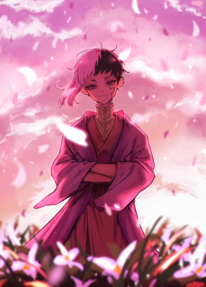 1boy asagiri_gen asymmetrical_hair black_hair closed_mouth cloud crossed_arms dr._stone falling_petals field flower highres japanese_clothes long_sleeves looking_at_viewer male_focus multicolored_hair outdoors petals robe sei_yaaa shirt short_hair sky smile solo split-color_hair standing two-tone_hair white_flower white_hair white_shirt wind