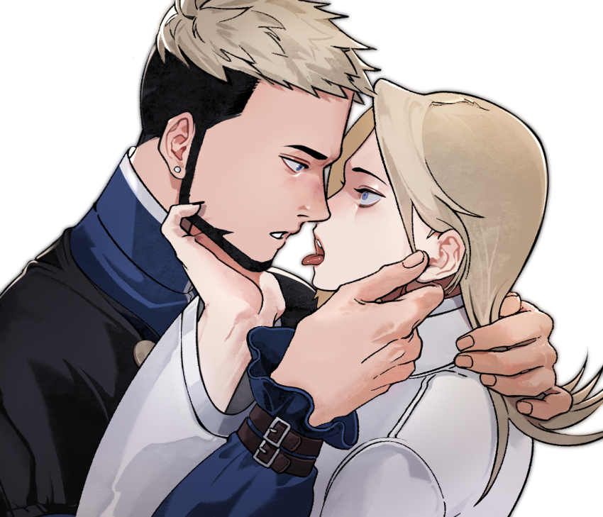 2boys androgynous arm_up belt belt_buckle blonde_hair blue_eyes buckle coat earrings eye_contact facial_hair goenitz hair_behind_ear hand_on_another&#039;s_back hand_on_another&#039;s_chin hexermer highres jewelry long_sleeves looking_at_another male_focus medium_hair multicolored_hair multiple_boys parted_lips piercing profile saiki_(kof) short_hair simple_background stud_earrings teeth the_king_of_fighters tongue tongue_out two-tone_hair upper_body upper_teeth_only white_background wrist_belt yaoi