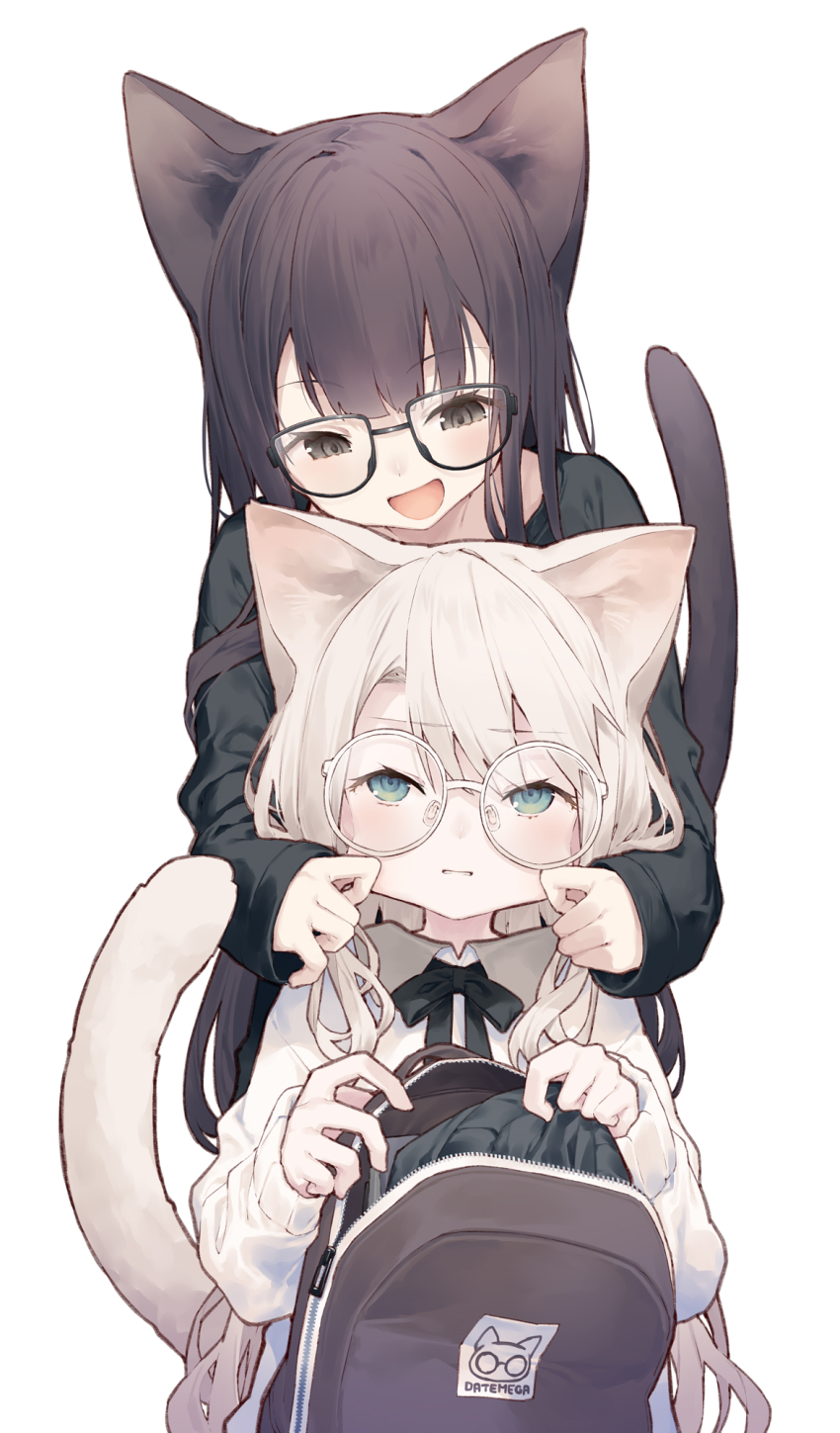 2girls :d animal_ears backpack bag black-framed_eyewear black_bow black_shirt blue_eyes bow brown_hair cat_ears cat_girl cat_tail cheek_pull collared_shirt commentary_request glasses grey_eyes grey_hair hair_between_eyes highres long_hair multiple_girls open_mouth original round_eyewear shirt simple_background smile tail tokuno_yuika very_long_hair white-framed_eyewear white_background white_shirt