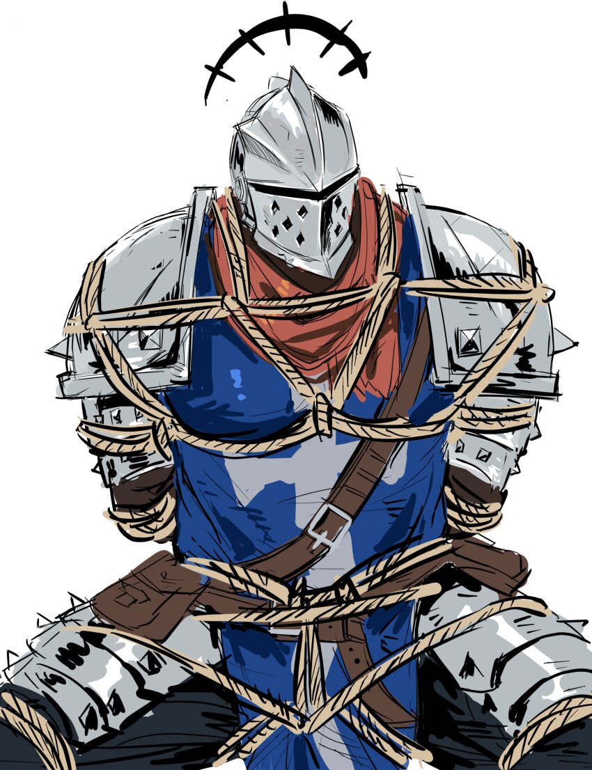 1boy absurdres affliction_(darkest_dungeon) armor arms_behind_back belt belt_buckle belt_pouch black_pants blue_tabard brown_belt buckle chest_belt commentary cross crusader_(darkest_dungeon) darkest_dungeon feet_out_of_frame hashtag-only_commentary helm helmet highres hlinwngnnm79651 leg_armor male_focus pants pauldrons pouch red_scarf rope scarf shibari shoulder_armor simple_background solo tabard white_background