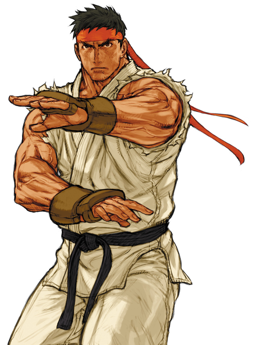 1boy black_hair capcom_vs_snk_2 dougi fighting_stance game_cg headband highres karate_gi male_focus martial_arts_belt muscular muscular_male nishimura_kinu non-web_source official_art outstretched_hand red_headband ryu_(street_fighter) short_hair sleeveless solo street_fighter third-party_source torn_clothes torn_sleeves v-shaped_eyebrows veins veiny_arms white_background