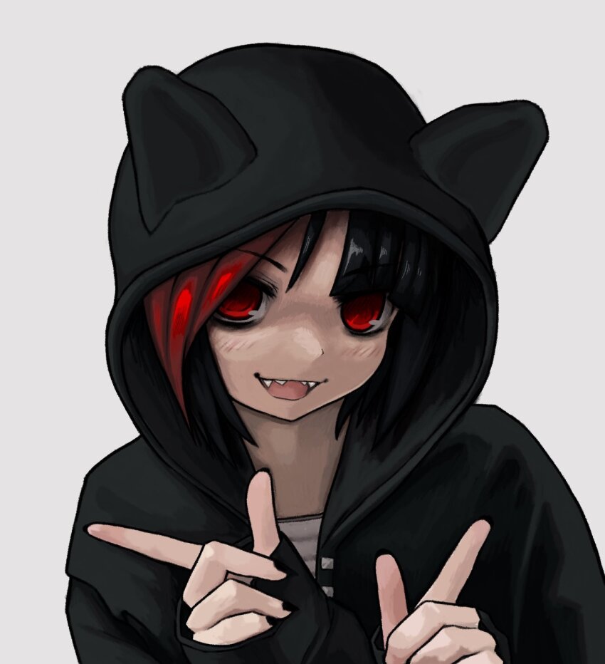 1girl black_eyeshadow black_hair black_hoodie black_nails commentary djkurara english_commentary eyeshadow fake_horns highres hood hoodie horned_headwear horns makeup multicolored_hair open_mouth red_eyes red_hair sharp_teeth smile solo streaked_hair teeth two-tone_hair upper_body zoolpal