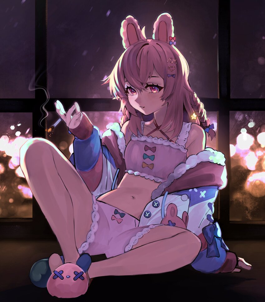 1girl absurdres animal_ears blue_bow blue_footwear bow braid cigarette double-parted_bangs full_body hair_between_eyes hair_ornament hairclip highres holding holding_cigarette jacket kumaartsu long_hair looking_at_viewer midriff navel off_shoulder parted_lips phase_connect pink_eyes pink_hair pink_shorts pink_slippers pink_top pipkin_pippa rabbit_ears red_bow shorts sidelocks sitting slippers spread_legs twin_braids virtual_youtuber window yellow_bow