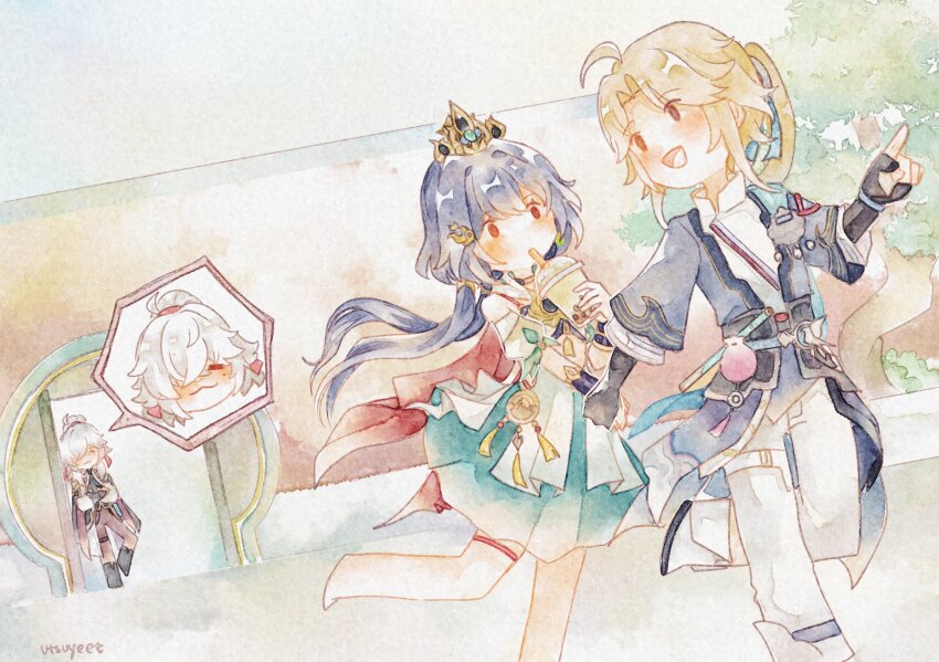 1girl 2boys ahoge aqua_skirt architecture barefoot_sandals_(jewelry) blonde_hair blue_hair blue_jacket bubble_tea chinese_clothes east_asian_architecture hair_ornament highres holding_hands honkai:_star_rail honkai_(series) jacket jing_yuan multiple_boys skirt smile utsuyeet yanqing_(honkai:_star_rail) yunli_(honkai:_star_rail)