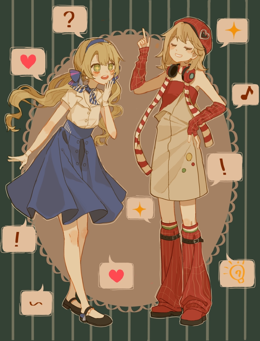 ! +_+ 2girls :d ? absurdres bare_shoulders belt black_footwear blonde_hair blue_hairband blue_neckerchief blue_skirt brown_belt brown_hair chinese_commentary closed_eyes commentary_request full_body green_background green_eyes grin hairband hand_on_own_hip hand_up hat headphones headphones_around_neck heart highres index_finger_raised kneehighs leg_belt light_bulb loose_socks low_twintails mary_janes medium_skirt multiple_girls musical_note neckerchief official_alternate_costume open_mouth oval overall_skirt red_arm_warmers red_footwear red_hat red_scarf red_shirt red_socks regulus_(pizza_hut)_(reverse:1999) regulus_(reverse:1999) reverse:1999 scarf shirt shirt_tucked_in shoes short_hair short_sleeves single_strap skirt smile socks sotheby speech_bubble spoken_exclamation_mark spoken_heart spoken_light_bulb spoken_musical_note spoken_question_mark spoken_sparkle standing strapless strapless_shirt striped_background striped_clothes striped_scarf teeth trouble_eater twintails two-tone_scarf upper_teeth_only white_scarf white_shirt white_skirt