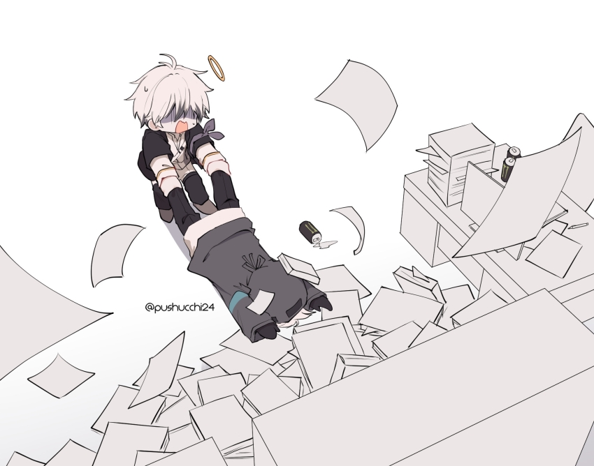 1boy 1other adnachiel_(arknights) arknights black_gloves black_jacket black_pants chibi commentary desk doctor_(arknights) dragging english_commentary exhausted gloves halo hands_on_another&#039;s_leg highres hood hood_up jacket lying monster_energy on_stomach pants paper paper_stack pushu shirt short_hair surprised tilted_halo traditional_halo twitter_username white_hair white_shirt