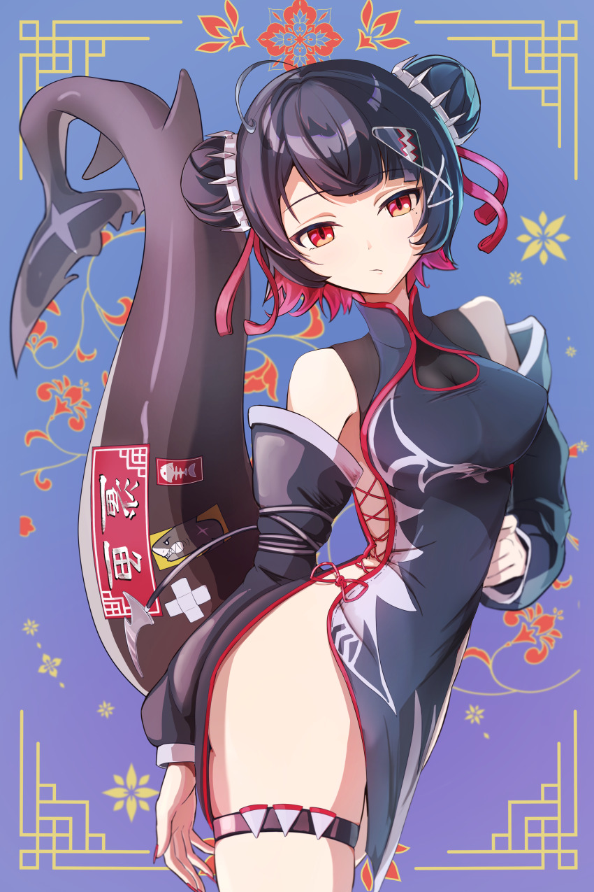 1girl absurdres alternate_costume black_dress china_dress chinese_clothes choko_bike colored_inner_hair dress ellen_joe fins fish_tail highres mole mole_under_eye multicolored_hair red_eyes scar scar_on_tail shark_girl shark_tail solo tail zenless_zone_zero