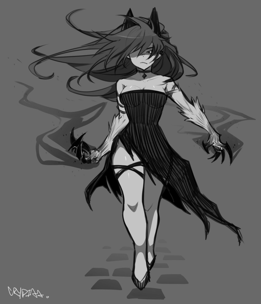 animal_ears armlet black_smoke claws cry_(crydiaa) crydiaa_(artist) dress highres indie_virtual_youtuber jewelry long_hair original sleeveless sleeveless_dress thick_thighs thighlet thighs