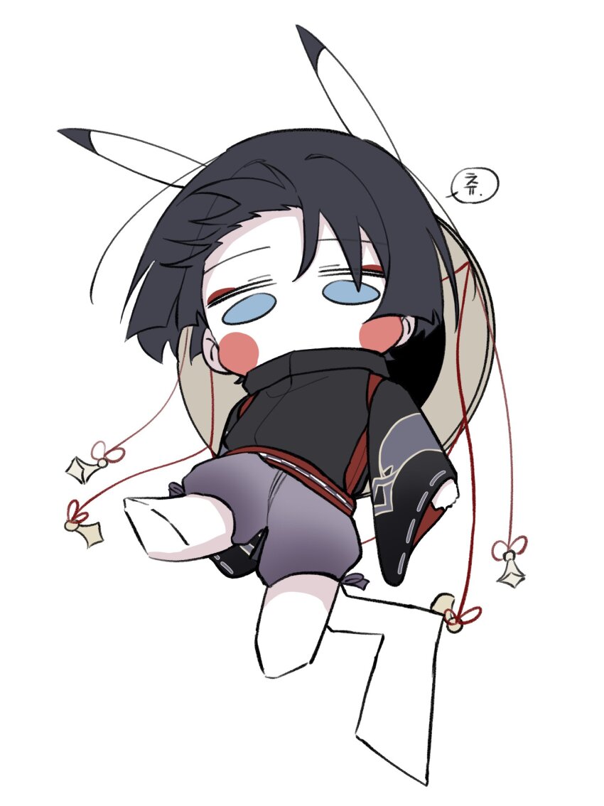 1boy animal_ears barefoot black_hair black_kimono blue_eyes blunt_ends blush_stickers cchyo_61 chibi covered_mouth eyeliner eyeshadow game_freak gen_1_pokemon genshin_impact hair_intakes hat hat_on_back highres japanese_clothes jingasa kariginu kimono kuronushi_(genshin_impact) long_sleeves looking_at_viewer looking_down makeup male_focus nintendo pants pikachu pikachu_ears pikachu_tail pokemon pokemon_tail purple_pants red_eyeliner red_eyeshadow scaramouche_(genshin_impact) solo swept_bangs tail white_background wide_sleeves