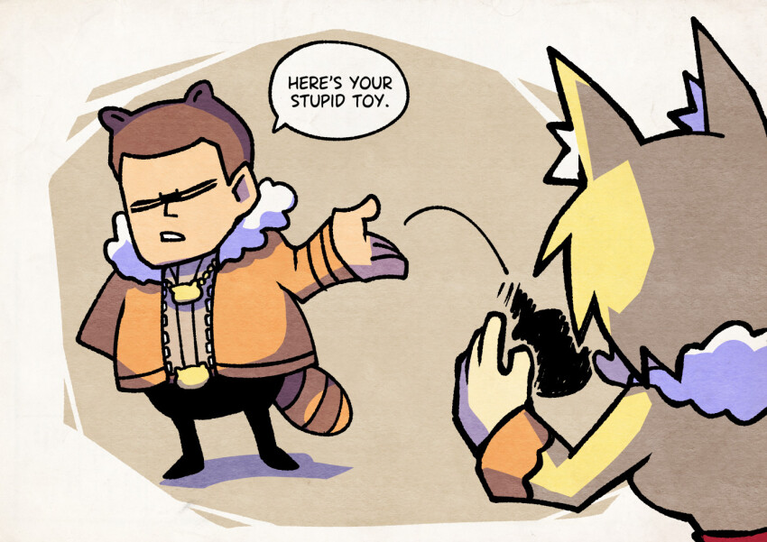 1boy 1girl animal_ear_fluff animal_ears bow closed_eyes fox fox_ears fox_girl fox_tail kitsune large_tail open_mouth original raccoon_ears raccoon_tail setz stuffed_animal stuffed_toy tail throwing tossing