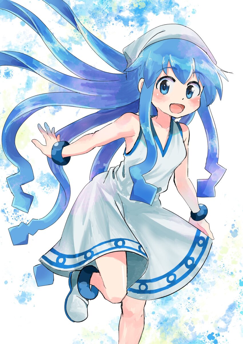 1girl bare_shoulders blue_eyes blue_hair blush boots bracelet breasts collarbone dot_nose dress hat highres ikamusume iroiro_tukuru jewelry long_hair looking_at_viewer matching_hair/eyes open_mouth shinryaku!_ikamusume small_breasts solo squid_girl squid_hat standing standing_on_one_leg tentacle_hair