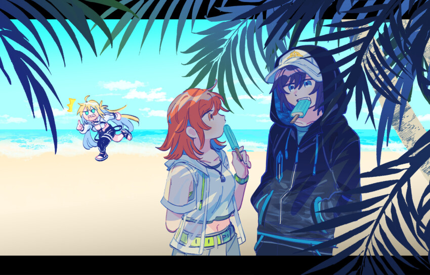 1boy 2girls arms_behind_back artoria_caster_(fate) artoria_caster_(swimsuit)_(fate) artoria_caster_(swimsuit_berserker)_(fate) artoria_caster_(swimsuit_berserker)_(first_ascension)_(fate) artoria_pendragon_(fate) beach belt bikini black_hair blue_eyes cloud cloudy_sky fate/grand_order fate_(series) food food_in_mouth fujimaru_ritsuka_(female) green_belt hands_in_pockets holding holding_food holding_popsicle hood hoodie jacket jewelry multicolored_clothes multiple_girls necklace oberon_(fate) oberon_(moody_summer_oberon)_(fate) oberon_(third_ascension)_(fate) ocean oneroom-disco open_mouth orange_hair palm_leaf pants pointing popsicle popsicle_in_mouth sand see-through_clothes see-through_jacket sharp_teeth sky striped_clothes swimsuit teeth