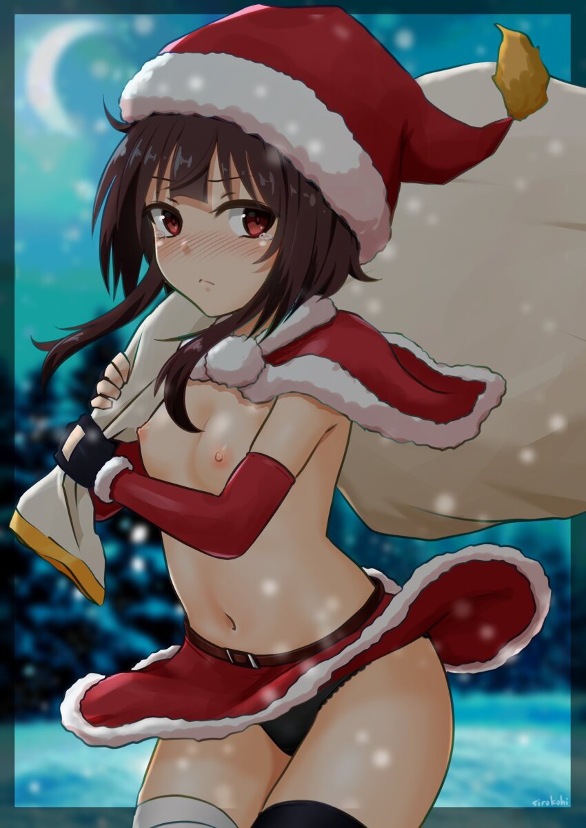 1girl asymmetrical_legwear bag bandaged_leg bandages belt belt_buckle black_border black_gloves black_panties black_thighhighs blunt_ends blurry blurry_background blush border breasts breasts_apart brown_hair buckle capelet choppy_bangs clothes_lift cowboy_shot crescent_moon depth_of_field detached_sleeves fingerless_gloves fur-trimmed_capelet fur-trimmed_gloves fur_trim gloves hat highres holding holding_bag kono_subarashii_sekai_ni_shukufuku_wo! light_frown long_sidelocks looking_at_viewer megumin miniskirt moon navel night night_sky nipples no_bra no_shirt nose_blush outside_border panties pantyshot picot_trim_panties pom_pom_(clothes) red_belt red_capelet red_eyes red_skirt red_sleeves santa_hat short_hair_with_long_locks sidelocks sideways_glance sirokohi skirt skirt_lift sky small_breasts snow snowing solo standing stomach tearing_up thighhighs tree underwear variant_set wind wind_lift winter