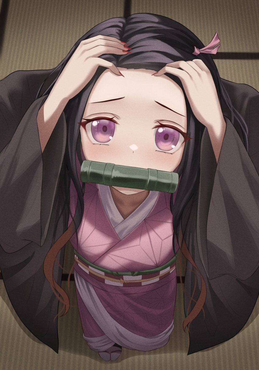 1girl absurdres bamboo bit_gag black_hair brown_hair forehead from_above gag gagged gagged_(willingly) gradient_hair hair_ribbon hands_on_own_head haori highres indoors japanese_clothes kamado_nezuko kimetsu_no_yaiba kimono long_hair long_sleeves looking_at_viewer mouth_hold multicolored_hair nail_polish pink_eyes pink_kimono pink_ribbon red_nails ribbon solo ttusee5 wide_sleeves