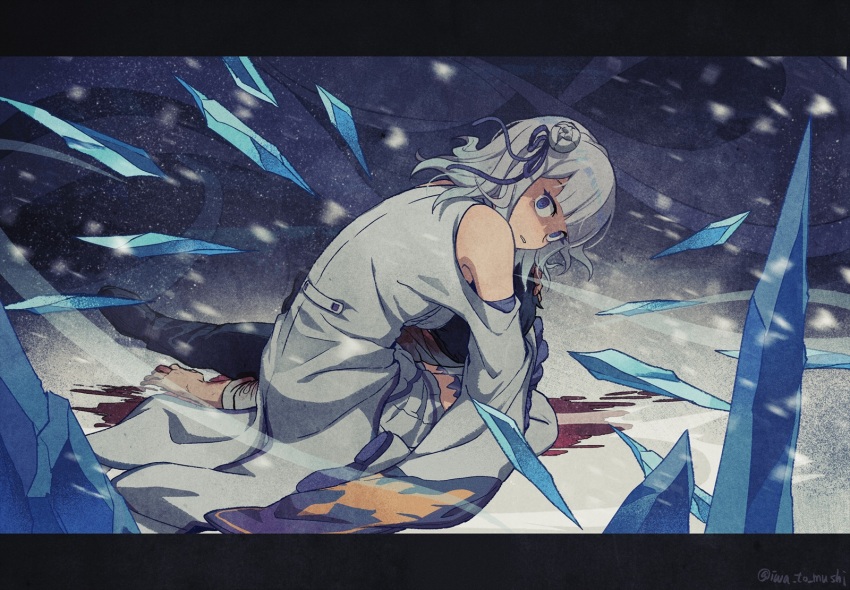 1boy 1girl alternate_hair_length alternate_hairstyle bare_shoulders black_pants blood blue_eyes clothing_cutout commentary_request duplicate emilia_(re:zero) eyelashes flower grey_hair hair_flower hair_ornament hair_ribbon highres hug ice_shard iwamushi letterboxed looking_at_viewer looking_back natsuki_subaru night outdoors pants parted_lips protecting re:zero_kara_hajimeru_isekai_seikatsu re:zero_kara_kasaneru_isekai_seikatsu ribbon shoes shoulder_cutout sitting snow snowing thighhighs wide_sleeves