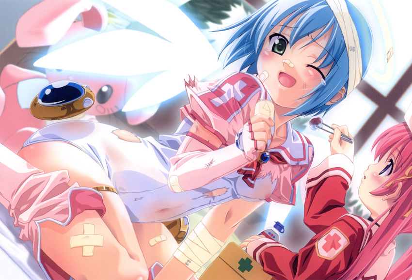 2girls :o ;d age_difference angel angel_wings arm_support bandages bandaid bandaid_on_face bandaid_on_nose blood blue_hair blurry blush body_blush boots bottle breasts brooch covered_navel crop_top cross depth_of_field djibril_(makai_tenshi_djibril) dutch_angle elbow_gloves fingerless_gloves first_aid_kit from_side gem gloves glowing glowing_wings green_eyes hair_ribbon halo hat highres holding indoors injury jewelry kuuchuu_yousai leaning_forward long_hair long_sleeves looking_at_viewer luvriel magical_girl makai_tenshi_djibril manabe_rika multiple_girls navel necktie nipples official_art official_wallpaper one-piece_swimsuit one_eye_closed open_mouth pink_boots pink_gloves pink_hair pink_legwear profile puffy_short_sleeves puffy_sleeves purple_eyes red_cross ribbon school_swimsuit school_uniform see-through_clothes serafuku shirt short_hair short_sleeves sitting sleeve_cuffs smile stuffed_animal stuffed_rabbit stuffed_toy swimsuit swimsuit_costume tears thighhighs thighlet torn_clothes torn_shirt torn_swimsuit turtleneck twintails wariza wet wet_clothes white_one-piece_swimsuit white_school_swimsuit wide_sleeves wince window wings wink