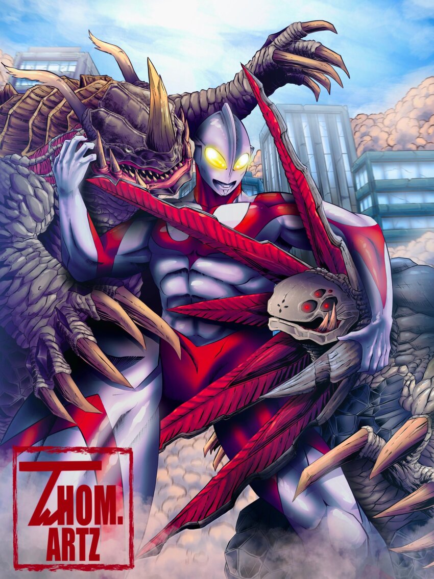 1boy alien blue_sky building city claws cloud day dust frills gabora giant giant_monster glowing glowing_eyes highres horns kaiju lipiah_(ultra_series) monster muscular muscular_male neronga no_humans no_pupils red_eyes seijin sharp_teeth shin_ultraman sky skyscraper superhero_costume teeth thomdotartz tsuburaya_productions tusks ultra_series ultraman