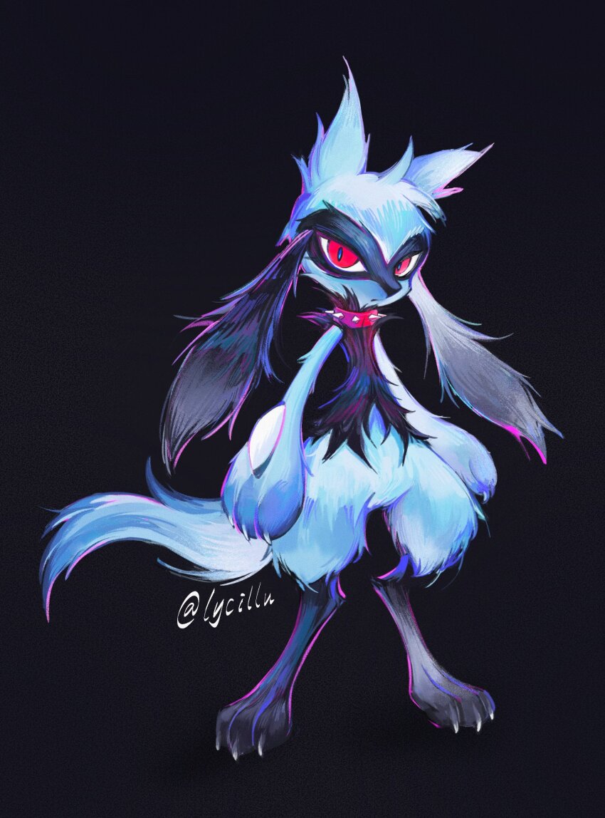 black_fur blue_fur closed_mouth collar expressionless full_body furry gen_4_pokemon highres lycillu nintendo pokemon pokemon_(creature) red_collar red_eyes riolu simple_background solo spiked_collar spikes standing