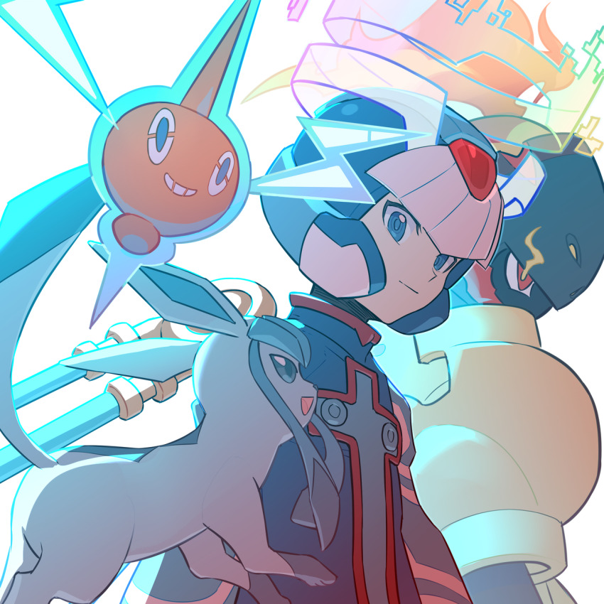 1boy armarouge armor blue_fur body_fur crossover cyber_elf_x_(mega_man) fire gen_4_pokemon glaceon group_picture highres mega_man_(series) mega_man_zero_(series) nintendo pokemon pokemon_(creature) rotom simple_background u_wstr upper_body white_background x_(mega_man) yellow_armor