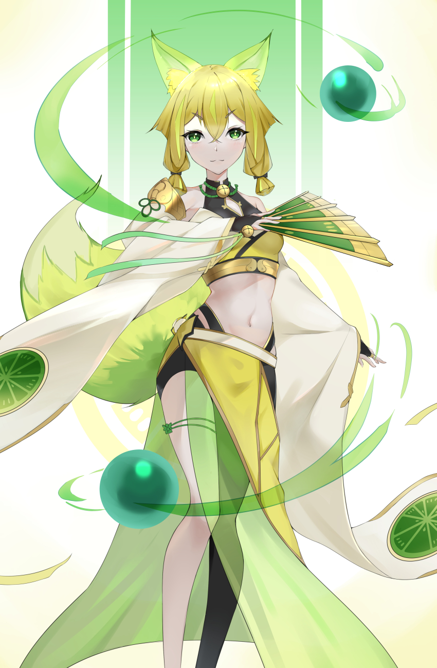 1girl absurdres animal_ears anklet artist_name asymmetrical_legwear bell blonde_hair blush braid breasts closed_mouth detached_sleeves duel_monster feet_out_of_frame fox_ears fox_girl fox_tail gem green_eyes hand_fan highres holding holding_fan hu-li_the_jewel_mikanko japanese_clothes jewelry long_sleeves looking_at_viewer medium_breasts midriff navel neck_bell pelvic_curtain short_hair simple_background solo tail thighs twin_braids white_background yimi_tangyuan yu-gi-oh!
