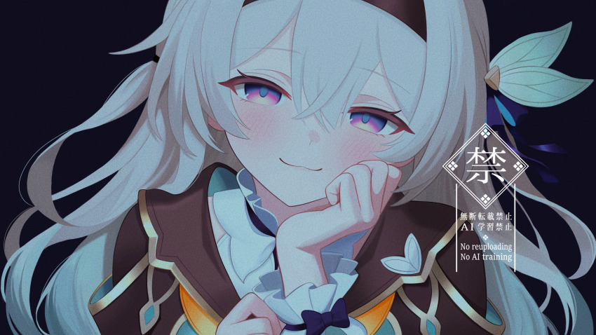 1girl absurdres black_background black_bow black_hairband black_jacket blue_eyes bow closed_mouth collar commentary_request film_grain firefly_(honkai:_star_rail) frilled_collar frills fuminshou_(nekopan_art) gradient_hair green_hair grey_hair hair_between_eyes hair_bow hairband highres honkai:_star_rail honkai_(series) jacket light_blush long_hair looking_at_viewer multicolored_eyes multicolored_hair portrait purple_eyes smile solo white_collar