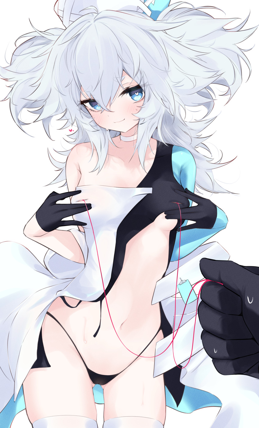 1girl 1other absurdres black_gloves black_panties blue_eyes blush breasts choker clothes_lift commentary_request cowboy_shot dress dress_lift florence_(neural_cloud) girls&#039;_frontline girls&#039;_frontline_neural_cloud gloves hair_between_eyes half_gloves hands_on_own_chest hands_up hat head_tilt heart heart-shaped_pupils highleg highleg_panties highres hip_focus holding holding_leash leaning_forward leash lifting_own_clothes long_hair looking_at_viewer messy_hair navel nipple_leash no_bra nurse_cap ohichi16 pa-15_(girls&#039;_frontline) panties pov single_bare_shoulder small_breasts smile solo_focus symbol-shaped_pupils thigh_gap underboob underwear very_long_hair white_choker white_hair