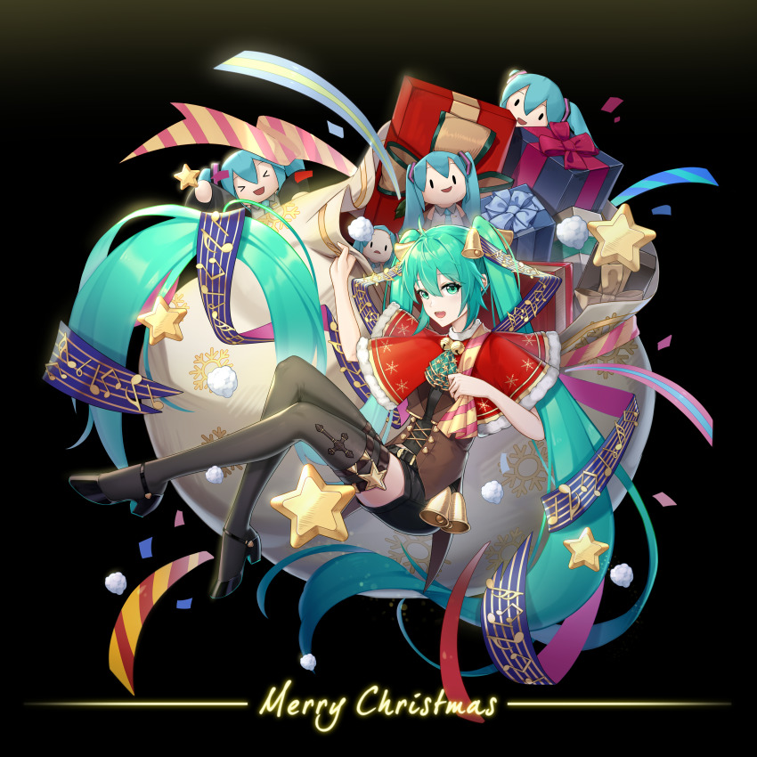 &gt;_&lt; 1girl absurdly_long_hair absurdres aqua_eyes aqua_hair aqua_necktie ascot bare_shoulders beamed_eighth_notes bell belt black_background black_shorts black_sleeves black_thighhighs box capelet character_doll chinese_commentary christmas commentary confetti cross detached_sleeves eighth_note english_commentary fur-trimmed_capelet fur_trim gift gift_box gold_trim green_ascot grey_shirt hair_bell hair_ornament hatsune_miku highres lace-up_top long_hair looking_at_viewer mixed-language_commentary musical_note musical_note_print neck_bell necktie open_mouth quarter_note red_capelet ribbon shirt shorts sitting sixteenth_note sleeveless sleeveless_shirt smile snowflake_print solid_oval_eyes musical_staff star_(symbol) star_ornament striped_ribbon thighhighs twintails very_long_hair vocaloid zuiai_gongzhu_dianxia
