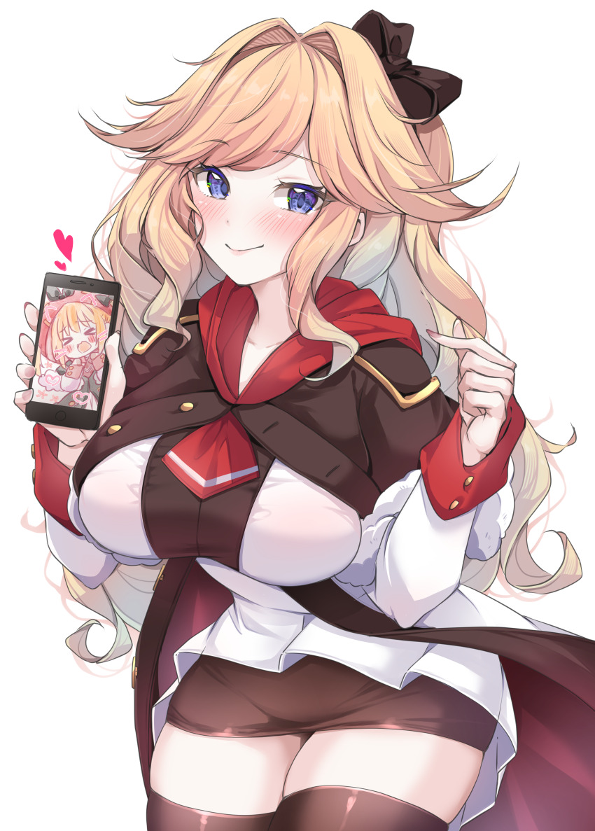 &gt;_&lt; 1girl :d absurdres azur_lane black_bow black_capelet black_ribbon black_skirt black_thighhighs blue_eyes blush bow breasts brown_hair capelet cellphone closed_eyes closed_mouth coat commentary_request commission cowboy_shot dorsetshire_(azur_lane) dress finger_heart fur-trimmed_capelet fur_trim hair_between_eyes hair_bow hair_intakes hair_ribbon highres holding holding_phone hood hood_up hooded_capelet large_breasts long_hair long_sleeves looking_at_viewer mikuchi3939 miniskirt neckerchief norfolk_(azur_lane) open_mouth pencil_skirt phone pixiv_commission red_hood red_neckerchief ribbon sidelocks skindentation skirt smartphone smile solo standing swept_bangs thighhighs white_coat white_dress xd zettai_ryouiki