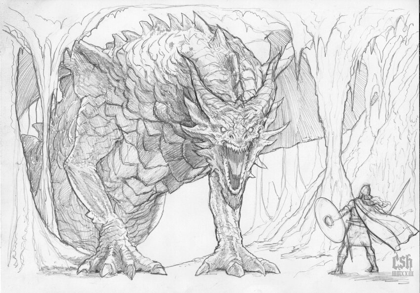 1boy armor artist_name cape cave christian_sloan_hall dragon dragon_horns fafnir_(nibelungenlied) graphite_(medium) greyscale helmet highres holding holding_shield holding_sword holding_weapon horns monochrome norse_mythology roman_numeral sheath shield siegfried_(nibelungenlied) sketch stalactite stalagmite sword traditional_media weapon