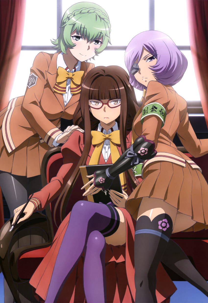 10s 3girls absurdres aoki_hagane_no_arpeggio black_legwear braid brown_hair crown_braid eyepatch glasses green_hair hiei_(aoki_hagane_no_arpeggio) highres crossed_legs long_hair multiple_girls myoukou_(aoki_hagane_no_arpeggio) nachi_(aoki_hagane_no_arpeggio) non-web_source nyantype official_art pantyhose purple_hair purple_legwear serious short_hair smile thighhighs very_long_hair