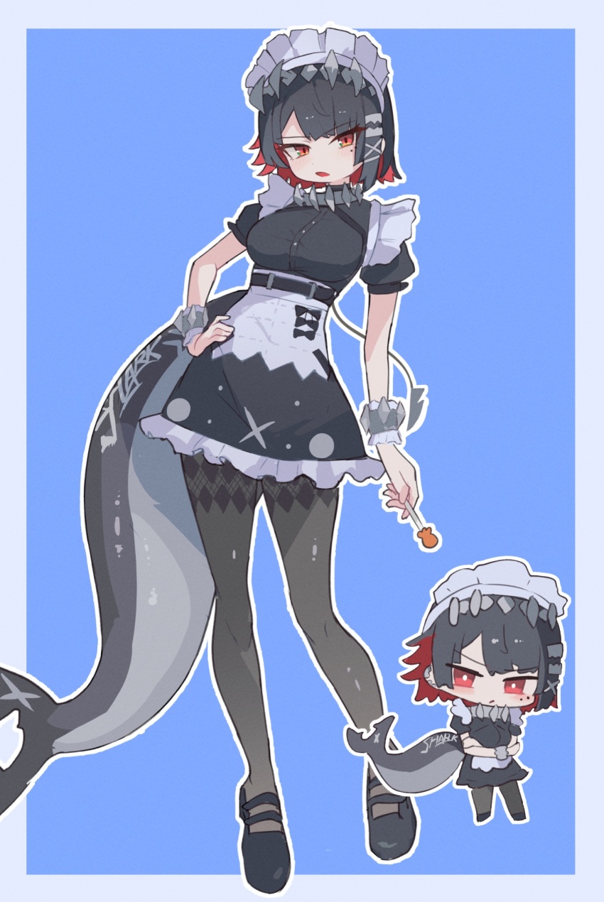 1girl black_dress black_hair black_pantyhose black_shoes candy chibi colored_inner_hair dress ellen_joe fins fish_tail food frilled_wristband full_body hairband highres holding holding_candy holding_food holding_lollipop lollipop maid maid_headdress metal_hairband mole mole_under_eye multicolored_hair pantyhose parted_lips razor_blade_hair_ornament red_eyes sanshoku_dango_(shukosuko) scar scar_on_tail shark_girl shark_tail shoes short_hair spiked_headband tail zenless_zone_zero