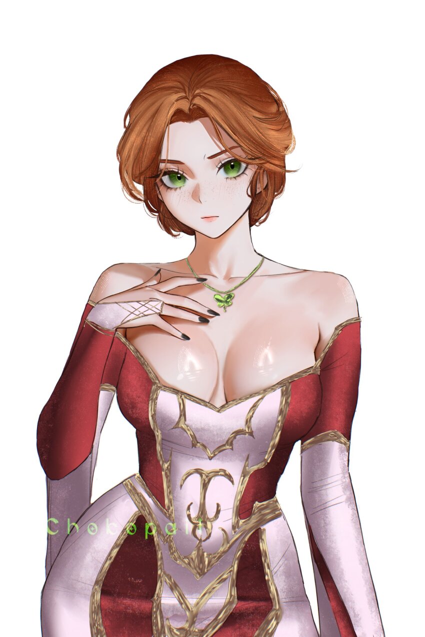 1girl artist_name bare_shoulders breasts bridal_gauntlets character_request chokopaii commission contrapposto copyright_request cowboy_shot dress gold_trim green_eyes hand_on_own_chest highres jewelry large_breasts looking_at_viewer necklace orange_hair parted_bangs pink_dress red_dress red_sleeves scoop_neck serious short_hair simple_background solo two-tone_dress white_background