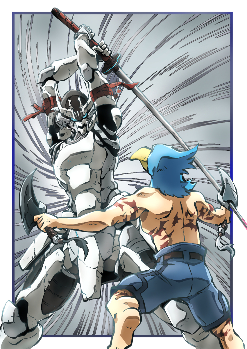 2boys armor arms_up belt dual_wielding fighting full_armor helmet highres hizutome_rakurou holding japanese_armor kabuto_(helmet) katana multiple_boys outside_border pants samurai scar shangri-la_frontier sunraku_(shangri-la_frontier) sword taiga_hiroyuki weapon wethermon