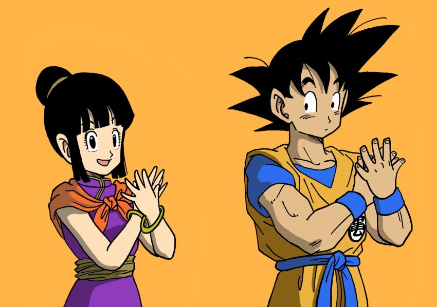 1boy 1girl :d bare_arms bare_shoulders black_eyes black_hair black_outline blunt_bangs bracelet chi-chi_(dragon_ball) china_dress chinese_clothes closed_mouth clothes_writing collarbone commentary_request dancing dark-skinned_male dark_skin dougi dragon_ball dragonball_z dress expressionless eyelashes fingernails hair_bun hands_up happy highres jewelry koi_dance lee_(dragon_garou) looking_at_another looking_to_the_side muscular neckerchief open_mouth orange_background orange_neckerchief outline own_hands_together purple_dress shaded_face side-by-side sidelocks simple_background single_hair_bun sleeveless sleeveless_dress smile son_goku spiked_hair standing upper_body wristband