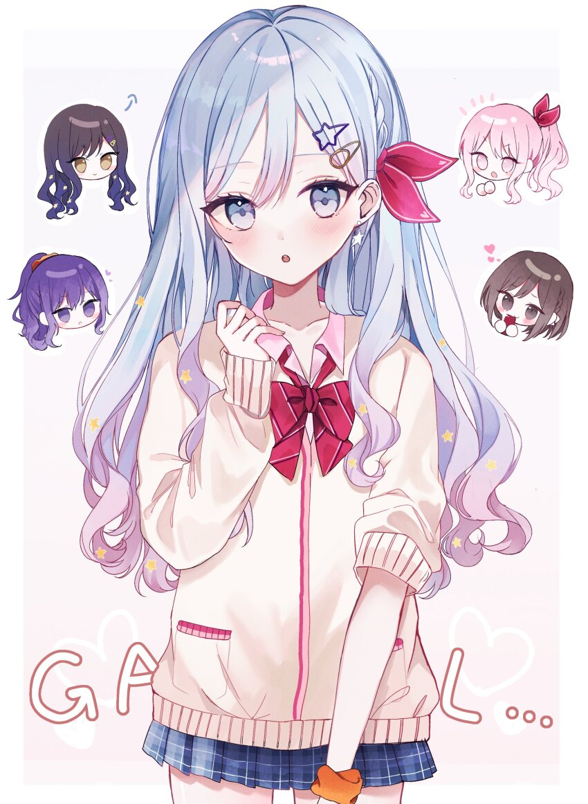 1other 25-ji_nightcord_de._(project_sekai) 4girls :o absurdres akiyama_mizuki akiyama_mizuki_(cosplay) androgynous arrow_(symbol) asahina_mafuyu asymmetrical_sleeves black_hair blue_hair blue_skirt blush bob_cut bow bowtie braid brown_eyes brown_hair cardigan cellphone chibi chibi_inset closed_mouth collarbone collared_shirt commentary commentary_request cosplay cowboy_shot dark_blue_hair diagonal-striped_bow diagonal-striped_bowtie diagonal-striped_clothes double-parted_bangs earrings empty_eyes expressionless eyelashes gradient_hair gyaru hair_ornament hair_scrunchie hairclip head_only heart highres holding holding_phone jewelry kamiyama_high_school_uniform_(project_sekai) light_blue_hair long_sleeves looking_at_another looking_at_viewer multicolored_hair multiple_girls notice_lines open_collar orange_scrunchie parted_lips phone pink_cardigan pink_eyes pink_hair pink_shirt plaid_clothes plaid_skirt pleated_skirt ponytail project_sekai purple_eyes purple_hair red_bow red_bowtie school_uniform scrunchie shinonome_ena shinonome_ena_(cosplay) shiraishi_an shiraishi_an_(cosplay) shirt short_hair side_ponytail simple_background single_braid skirt three-quarter_sleeves sleeves_past_wrists sleeves_pushed_up smartphone smile solo_focus star_(symbol) star_earrings star_hair_ornament striped_clothes taking_picture uneven_sleeves wavy_hair white_background wrist_scrunchie xokikox yellow_eyes yoisaki_kanade