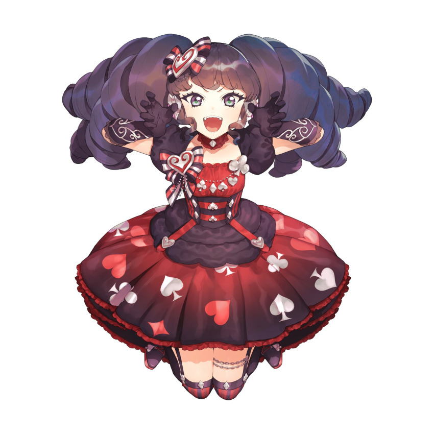 1girl :d black_gloves black_hair claw_pose club_(shape) commentary_request detached_collar diamond_(shape) dress full_body gaaruru_(pripara) gloves hair_ornament hands_up headphones heart heart_hair_ornament highres hitoto long_hair looking_at_viewer open_mouth pretty_series pripara puffy_short_sleeves puffy_sleeves purple_eyes red_dress short_sleeves simple_background smile solo spade_(shape) v-shaped_eyebrows white_background