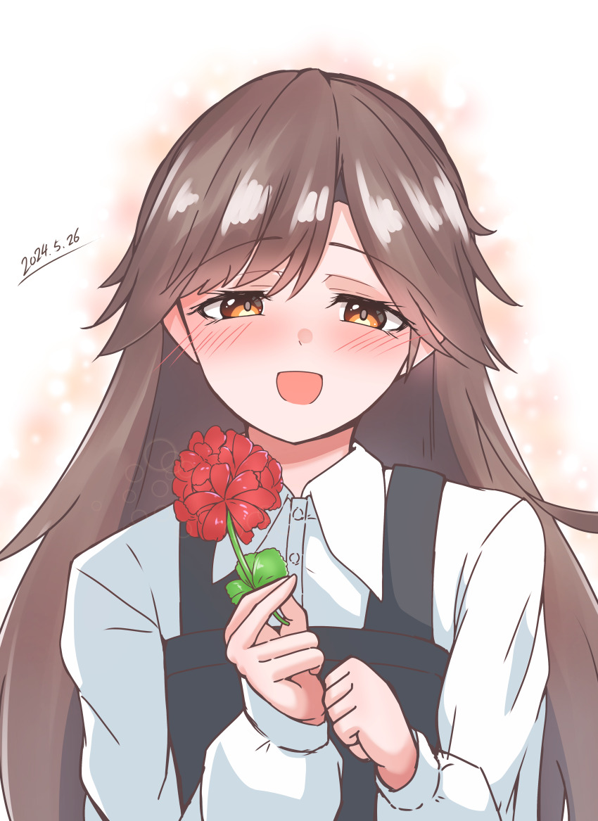 1girl 702_(naotsu) absurdres arashio_(kancolle) arashio_kai_ni_(kancolle) brown_eyes brown_hair collared_shirt dress dress_shirt flower highres holding holding_flower kantai_collection look-alike pinafore_dress red_flower shirt sleeveless sleeveless_dress smile solo upper_body white_shirt