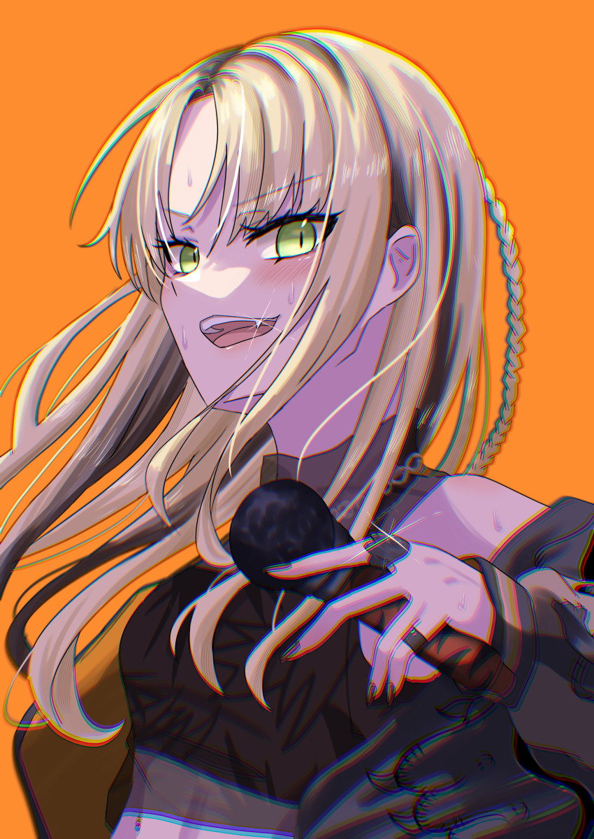 absurdres akina_(user_ucnd3578) black_hair black_jacket black_nails black_shirt blonde_hair green_eyes highres holding holding_microphone hololive hololive_dev_is jacket koganei_niko koganei_niko_(1st_costume) long_hair looking_at_viewer microphone multicolored_hair nail_polish open_mouth shirt streaked_hair virtual_youtuber yellow_background