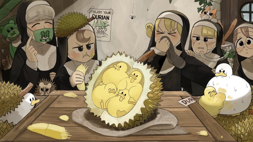 &gt;_&lt; 5girls bird blonde_hair brown_eyes brown_hair cat chicken clumsy_nun_(diva) commentary covering_nose disgust diva_(hyxpk) duck duckling durian eating english_commentary froggy_nun_(diva) glasses glasses_nun_(diva) grey_hair habit hanging_plant hedgehog highres little_nuns_(diva) mask mouth_mask multiple_girls nun oxygen_mask rain round_eyewear sheep_nun_(diva) slice_of_life smell spicy_nun_(diva) traditional_nun