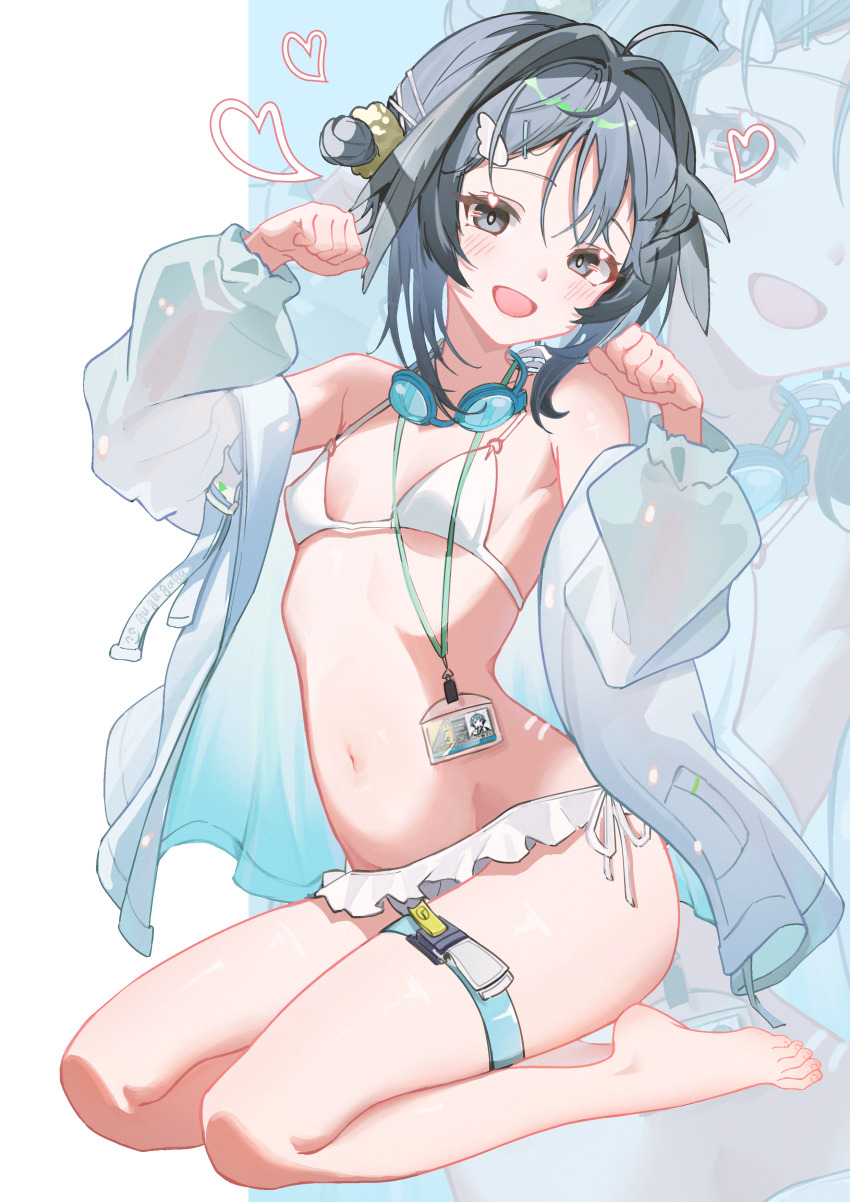 1girl :d absurdres arknights bikini black_eyes black_hair blush breasts chinese_commentary commentary frilled_bikini frills full_body goggles goggles_around_neck grey_jacket hair_ornament hairclip heart highres jacket kampswe_galong la_pluma_(arknights) la_pluma_(summer_flowers)_(arknights) long_sleeves looking_at_viewer navel off_shoulder official_alternate_costume open_mouth paw_pose seiza short_hair sitting small_breasts smile solo swim_goggles swimsuit white_bikini zoom_layer